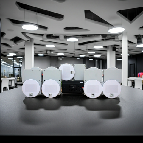 [Diện tích 200m2 + 2 Kênh] Loa âm trần thông báo, phát nhạc nền: Âm ly A917 Goldsound 2 vùng âm lượng 1200w + 10 loa âm trần Goldsound VAT38 38w, loa được thiết kế riêng cho quán, bật lớn không tạp âm, miễn phí công lắp đặt, bảo hành dài hạn 5 năm.