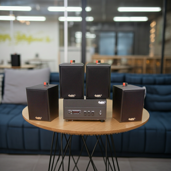 Loa treo tường phát nhạc nền thông báo: Amply A156PU Goldsound 200w + 4 loa Goldsound V25c - 25w, loa được thiết kế riêng cho quán, bật lớn không tạp âm, không bao gồm công lắp đặt, bảo hành 5 năm