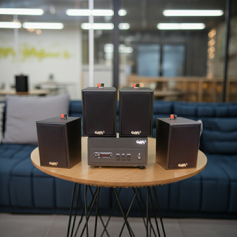 Loa treo tường phát nhạc nền thông báo: Amply A156PU Goldsound 200w + 4 loa Goldsound V25c - 25w, loa được thiết kế riêng cho quán, bật lớn không tạp âm, không bao gồm công lắp đặt, bảo hành 5 năm