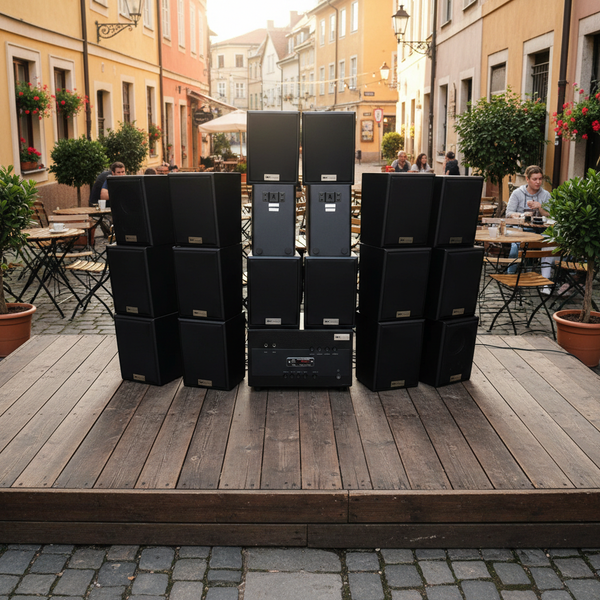 Loa treo tường phát nhạc nền quán cafe, nhà hàng: Amply A1800 Goldsound 4 vùng âm lượng 1800w + 18 loa Goldsound V25C 25W, Amply 4 - 6 vùng âm lượng, loa được thiết kế riêng cho quán