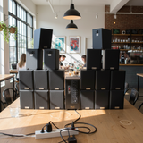 Dàn loa treo tường phát nhạc nền: Amply A906 Goldsound 2 vùng âm lượng 900w + 18 loa Goldsound V25C 25W, Amply 4 - 6 vùng âm lượng, loa được thiết kế riêng cho quán, bật lớn không tạp âm, miễn phí công lắp đặt, bảo hành dài hạn 5 năm.