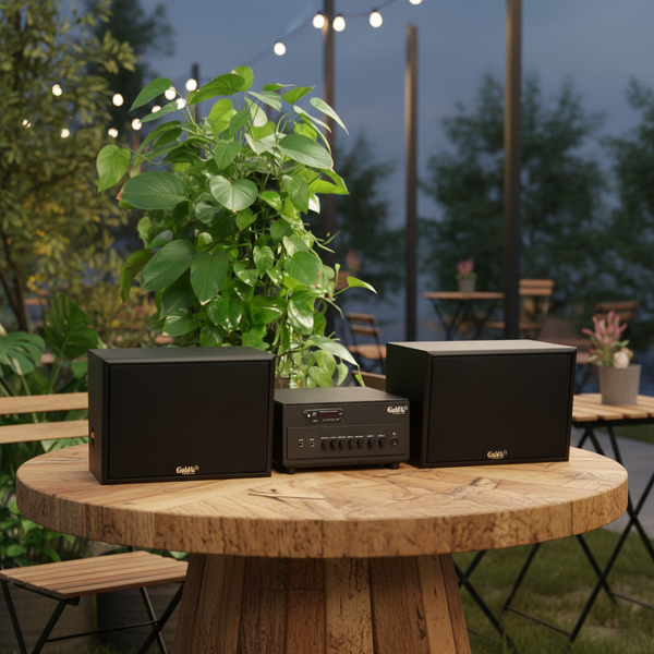 Dàn loa treo tường: Amply A384PU - 2K Goldsound 2 vùng âm lượng 380w + 2 loa Goldsound V130 - 130w, loa được thiết kế riêng cho quán, bật lớn không tạp âm, miễn phí công lắp đặt, bảo hành dài hạn 5 năm.