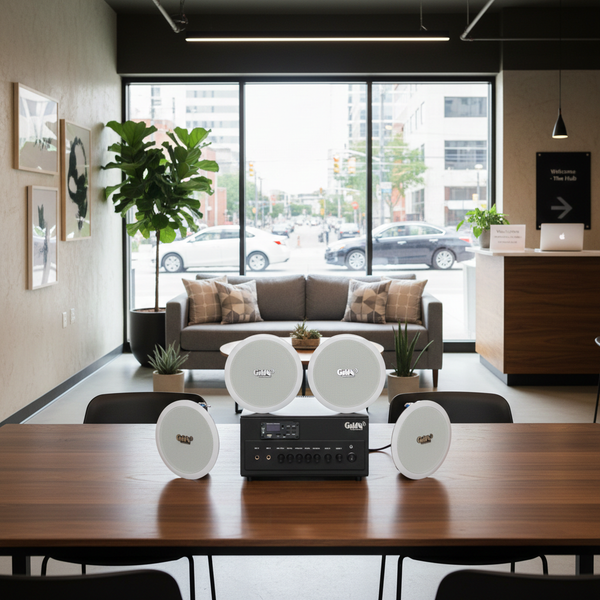 Dàn loa âm trần thông báo, phát nhạc nền tự động: A384PU-2K Goldsound 2 vùng âm lượng 380w + 4 loa âm trần VAT13, loa được thiết kế riêng cho quán, bật lớn không tạp âm, miễn phí công lắp đặt, bảo hành dài hạn 12 tháng