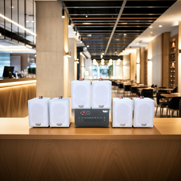 Loa thông báo, loa phát nhạc nền tự động A384PU-2K Goldsound 2 vùng âm lượng 380w + 6 loa Goldsound V25C màu trắng, loa được thiết kế riêng cho quán, bật lớn không tạp âm, miễn phí công lắp đặt, bảo hành dài hạn 5 năm.