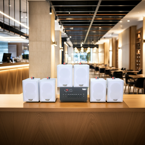 Loa thông báo, loa phát nhạc nền tự động A384PU-2K Goldsound 2 vùng âm lượng 380w + 6 loa Goldsound V25C màu trắng, loa được thiết kế riêng cho quán, bật lớn không tạp âm, miễn phí công lắp đặt, bảo hành dài hạn 5 năm.