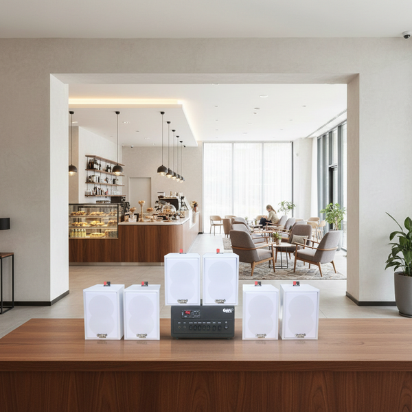 Loa thông báo, loa phát nhạc nền tự động A384PU-2K Goldsound 2 vùng âm lượng 380w + 6 loa Goldsound V25C màu trắng, loa được thiết kế riêng cho quán, bật lớn không tạp âm, miễn phí công lắp đặt, bảo hành dài hạn 5 năm.