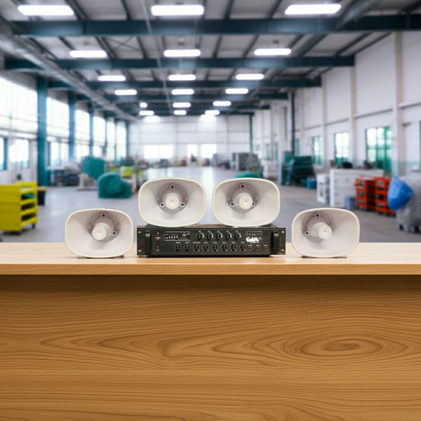 Loa thông báo nhà xưởng: 1 Amply A480F + 04 Ne35w, Amply 5 vùng, loa được thiết kế riêng, bật lớn không tạp âm, miễn phí công lắp đặt, bảo hành dài hạn 12 tháng