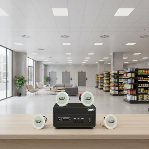 Dàn loa âm trần thông báo, phát nhạc nền tự động: A156PU Goldsound 200w + 4 loa âm trần VAT8, loa được thiết kế riêng cho quán, bật lớn không tạp âm, miễn phí công lắp đặt, bảo hành dài hạn 12 tháng