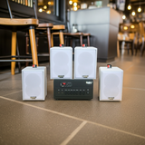 Loa thông báo, loa phát nhạc nền tự động A384PU-2K Goldsound 2 vùng âm lượng 380w + 4 loa Goldsound V25C màu trắng, loa được thiết kế riêng cho quán, bật lớn không tạp âm, miễn phí công lắp đặt, bảo hành dài hạn 5 năm.