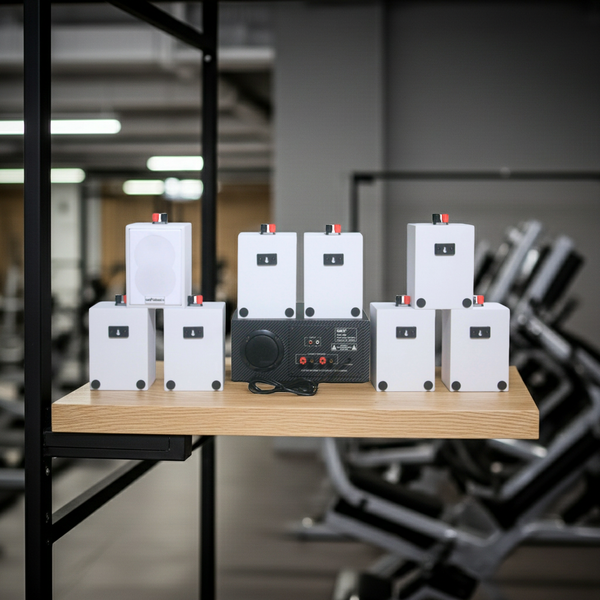 Loa treo tường thông báo phát nhạc nền tự động Gold4cafe 8.0 (01 amply + 08 loa treo tường màu trắng), Amply 2 vùng âm lượng, loa được thiết kế riêng cho quán, bật lớn không tạp âm, bảo hành dài hạn 5 năm.