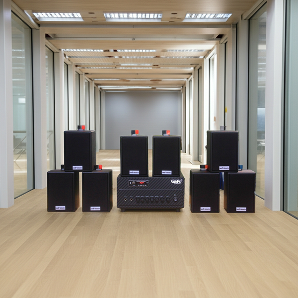 Dàn loa thông báo phát nhạc nền tự động Gold4cafe 8.0 (01 amply + 08 loa treo tường), Amply 2 vùng âm lượng, loa được thiết kế riêng cho quán, bật lớn không tạp âm, bảo hành dài hạn 5 năm.