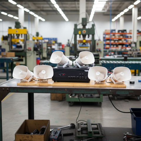 Loa thông báo nhà xưởng: 1 Amply A917PU-100V-2K + 06 Ne20w, Amply hai vùng âm lượng, loa được thiết kế riêng, bật lớn không tạp âm, miễn phí công lắp đặt, bảo hành dài hạn 12 tháng.