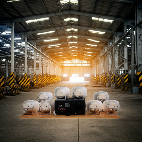 Loa thông báo nhà xưởng: 1 Amply A907PU-100V + 10 Ne20w, Amply hai vùng âm lượng, loa được thiết kế riêng, bật lớn không tạp âm, miễn phí công lắp đặt, bảo hành dài hạn 12 tháng