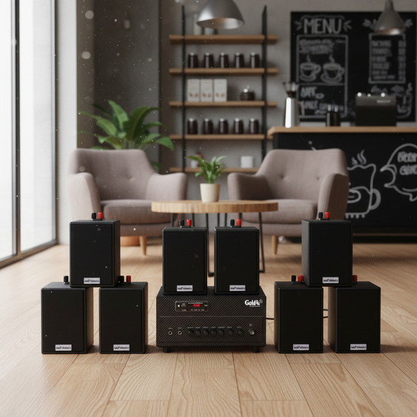 Dàn loa thông báo phát nhạc nền tự động Gold4cafe 8.0 (01 amply + 08 loa treo tường), Amply 2 vùng âm lượng, loa được thiết kế riêng cho quán, bật lớn không tạp âm, bảo hành dài hạn 5 năm.