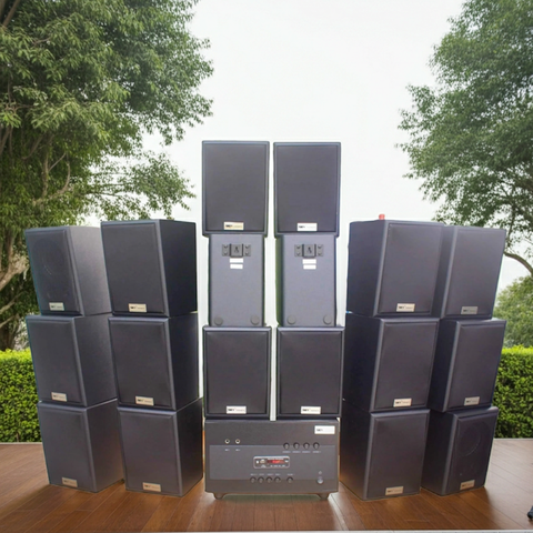Loa treo tường phát nhạc nền quán cafe, nhà hàng: Amply A1800 Goldsound 4 vùng âm lượng 1800w + 18 loa Goldsound V25C 25W, Amply 4 - 6 vùng âm lượng, loa được thiết kế riêng cho quán