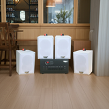 Loa thông báo, loa phát nhạc nền tự động A384PU-2K Goldsound 2 vùng âm lượng 380w + 4 loa Goldsound V25C màu trắng, loa được thiết kế riêng cho quán, bật lớn không tạp âm, miễn phí công lắp đặt, bảo hành dài hạn 5 năm.