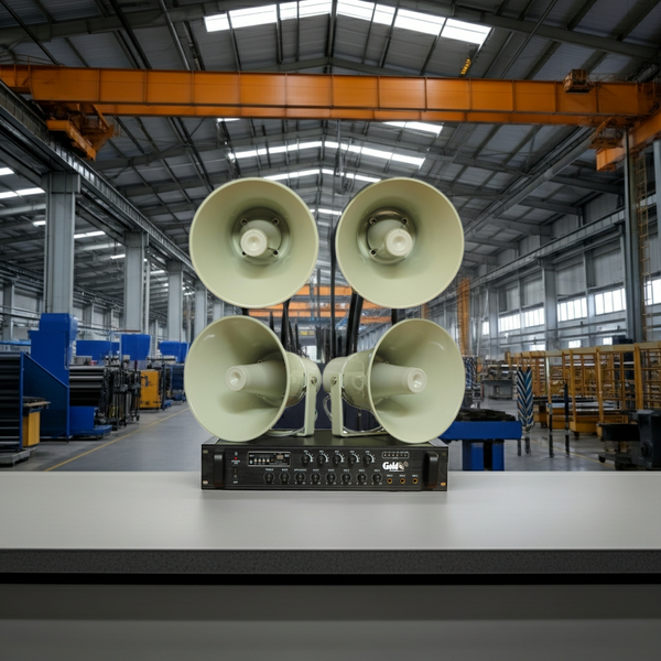 Loa thông báo nhà xưởng: 1 Amply A550F + 04 Ne65w, Amply 5 vùng, loa được thiết kế riêng, bật lớn không tạp âm, miễn phí công lắp đặt, bảo hành dài hạn 12 tháng