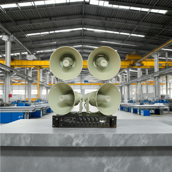 Loa thông báo nhà xưởng: 1 Amply A550F + 04 Ne65w, Amply 5 vùng, loa được thiết kế riêng, bật lớn không tạp âm, miễn phí công lắp đặt, bảo hành dài hạn 12 tháng