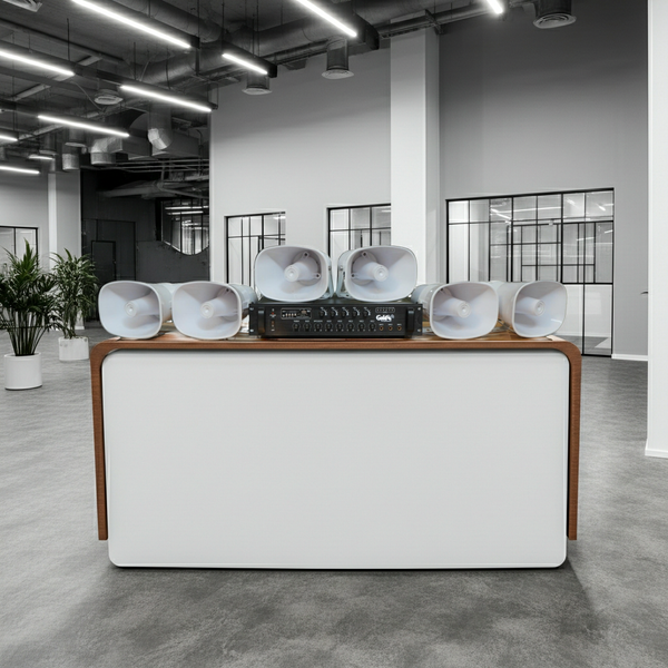 Loa thông báo nhà xưởng: 1 Amply A550F + 06 Ne35w, Amply 5 vùng, loa được thiết kế riêng, bật lớn không tạp âm, miễn phí công lắp đặt, bảo hành dài hạn 12 tháng