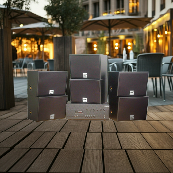 Dàn loa sân vườn: Amply A384-6K Goldsound 6 vùng âm lượng 1200w + 6 loa Goldsound ngoài trời V130NT 130w, Amply 4 - 6 vùng âm lượng, loa được thiết kế riêng cho quán, bật lớn không tạp âm, miễn phí công lắp đặt, bảo hành 12 tháng