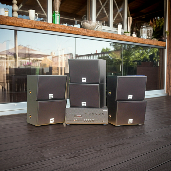 Dàn loa sân vườn: Amply A384-6K Goldsound 6 vùng âm lượng 1200w + 6 loa Goldsound ngoài trời V130NT 130w, Amply 4 - 6 vùng âm lượng, loa được thiết kế riêng cho quán, bật lớn không tạp âm, miễn phí công lắp đặt, bảo hành 12 tháng