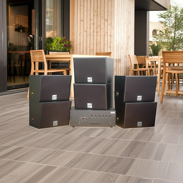 Dàn loa sân vườn: Amply A384-6K Goldsound 6 vùng âm lượng 1200w + 6 loa Goldsound ngoài trời V130NT 130w, Amply 4 - 6 vùng âm lượng, loa được thiết kế riêng cho quán, bật lớn không tạp âm, miễn phí công lắp đặt, bảo hành 12 tháng