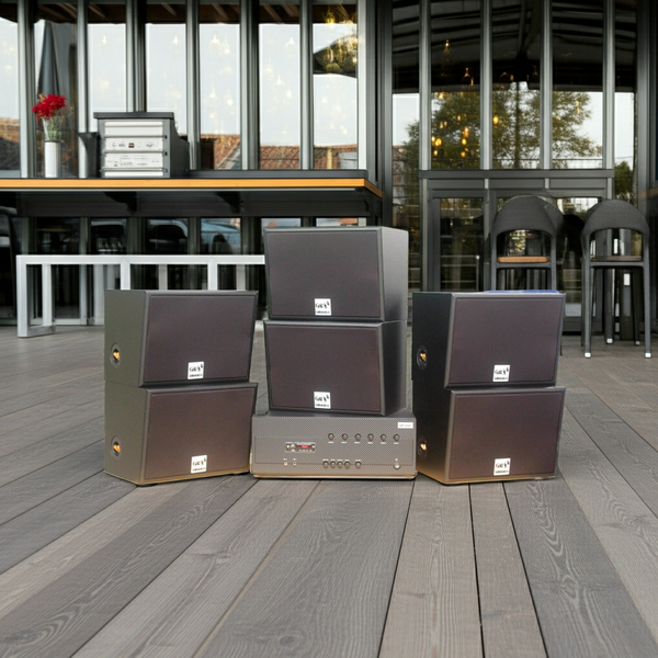 Dàn loa sân vườn: Amply A384-6K Goldsound 6 vùng âm lượng 1200w + 6 loa Goldsound ngoài trời V130NT 130w, Amply 4 - 6 vùng âm lượng, loa được thiết kế riêng cho quán, bật lớn không tạp âm, miễn phí công lắp đặt, bảo hành 12 tháng