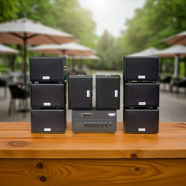 Dàn loa sân vườn: Amply A384PU-2K Goldsound 380w + 8 loa Goldsound ngoài trời V101-NT - 15w, loa được thiết kế riêng cho quán, bật lớn không tạp âm, không bao gồm công lắp đặt, bảo hành 12 tháng