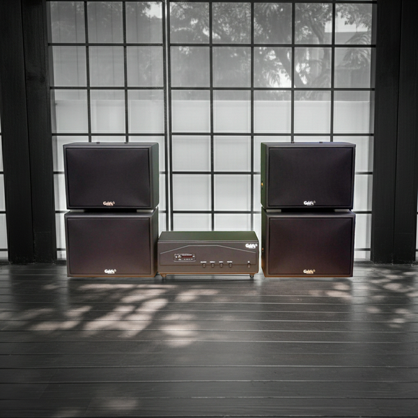 Dàn loa treo tường: Amply A918PU-2K Goldsound 2 vùng âm lượng 1200w + 4 loa Goldsound V130PU-MT, loa được thiết kế riêng cho quán, bật lớn không tạp âm, miễn phí công lắp đặt, bảo hành dài hạn 5 năm