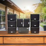 Dàn loa sân vườn: Amply A384PU-2K Goldsound 380w + 8 loa Goldsound ngoài trời V101-NT - 15w, loa được thiết kế riêng cho quán, bật lớn không tạp âm, không bao gồm công lắp đặt, bảo hành 12 tháng