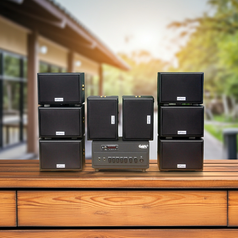 Dàn loa sân vườn: Amply A384PU-2K Goldsound 380w + 8 loa Goldsound ngoài trời V101-NT - 15w, loa được thiết kế riêng cho quán, bật lớn không tạp âm, không bao gồm công lắp đặt, bảo hành 12 tháng