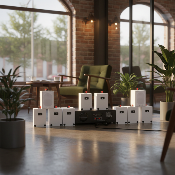 Loa treo tường thông báo phát nhạc nền tự động Gold4cafe 10.0 bản màu trắng (01 amply + 10 loa), Amply 1200w - 2 vùng âm lượng, loa được thiết kế riêng cho quán, bật lớn không tạp âm, bảo hành dài hạn 5 năm.