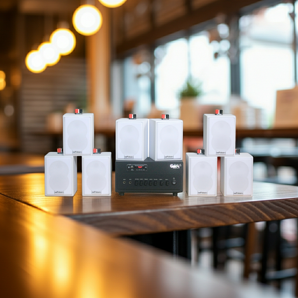 Loa treo tường thông báo phát nhạc nền tự động Gold4cafe 8.0 (01 amply + 08 loa treo tường màu trắng), Amply 2 vùng âm lượng, loa được thiết kế riêng cho quán, bật lớn không tạp âm, bảo hành dài hạn 5 năm.