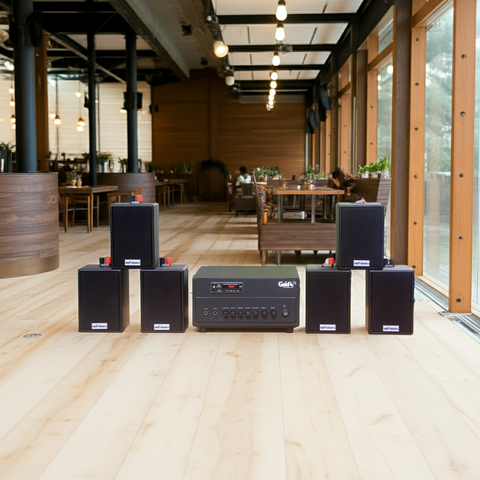 [Diện tích 100m2 + 2 Kênh] Loa thông báo, loa phát nhạc nền tự động Gold4cafe 6.0 (01 amply + 06 loa treo tường), Amply 2 vùng âm lượng, loa được thiết kế riêng cho quán, bật lớn không tạp âm, bảo hành dài hạn 5 năm.