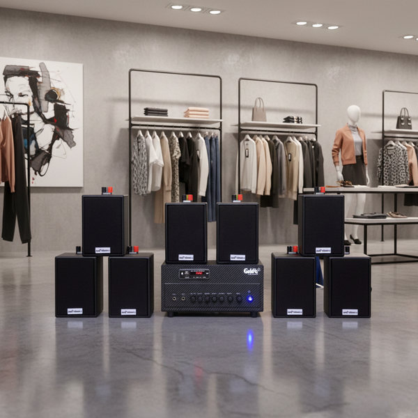 Dàn loa thông báo phát nhạc nền tự động Gold4cafe 8.0 (01 amply + 08 loa treo tường), Amply 2 vùng âm lượng, loa được thiết kế riêng cho quán, bật lớn không tạp âm, bảo hành dài hạn 5 năm.