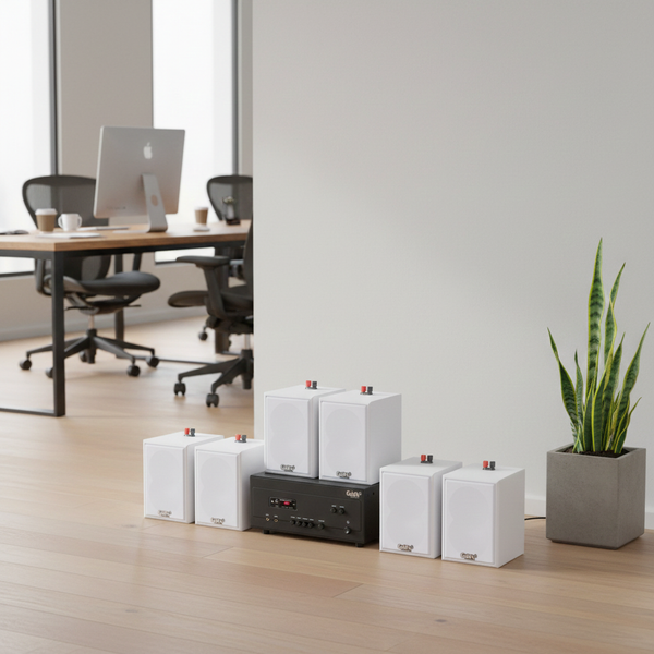 Loa treo tường thông báo, phát nhạc nền tự động A907PU-2K Goldsound 2 vùng âm lượng 900w + 6 loa Goldsound V25C màu trắng, loa được thiết kế riêng cho quán, bật lớn không tạp âm, miễn phí công lắp đặt, bảo hành dài hạn 5 năm.