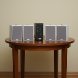 Dàn loa treo tường thông báo phát nhạc nền tự động: Amply A384 + 4 V70C, Amply hai vùng âm lượng, loa được thiết kế riêng cho quán, bật lớn không tạp âm, bảo hành dài hạn 5 năm.