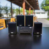 Dàn loa thông báo phát nhạc nền tự động: 1 Amply A154PU Goldsound 150w + 4 loa Goldsound V25c - 25w, loa được thiết kế riêng cho quán, bật lớn không tạp âm, miễn phí công lắp đặt, bảo hành dài hạn 5 năm.