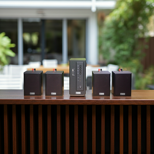 Dàn loa treo tường: Amply AMT154_SG Goldsound 150w + 4 loa Goldsound V24C_SG 24w, loa được thiết kế riêng cho quán, bật lớn không tạp âm, miễn phí công lắp đặt, bảo hành dài hạn 5 năm.