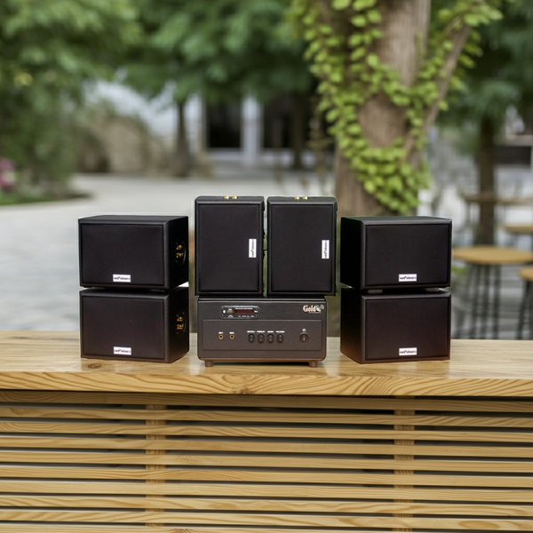 Dàn loa sân vườn: Amply A154PU Goldsound 150w + 6 loa Goldsound ngoài trời V101-NT - 15w, loa được thiết kế riêng cho quán, bật lớn không tạp âm,  không bao gồm công lắp đặt, bảo hành 12 tháng