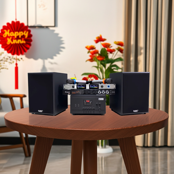 DÀN KARAOKE GOLD120A: (AMPLY 900W + 2 V120 120W + bộ micro không dây + vang) - Hàng trưng bày đồng giá cuối năm