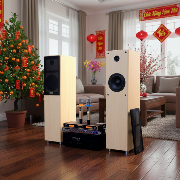 Dàn loa cây karaoke gia đình K386 (01 đẩy 1200w + 01 Vang + 01 bộ Micro không dây + loa 386) - Hàng trưng bày đồng giá cuối năm