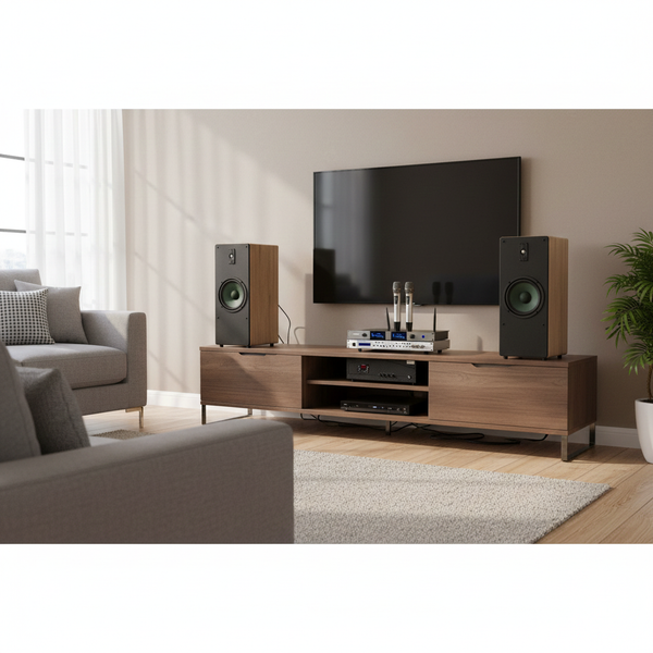 Dàn loa cây karaoke gia đình K385 vân gỗ sáng (01 amply 1200w + 02 loa 380w + 01 vang cơ + bộ Micro không dây)