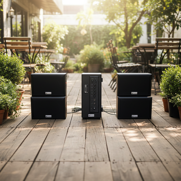 Dàn loa sân vườn: âm ly AMT384 Goldsound 2 vùng âm lượng 380w + 4 loa Goldsound ngoài trời V40NT 40w, loa được thiết kế riêng cho quán, bật lớn không tạp âm, miễn phí công lắp đặt, bảo hành 12 tháng