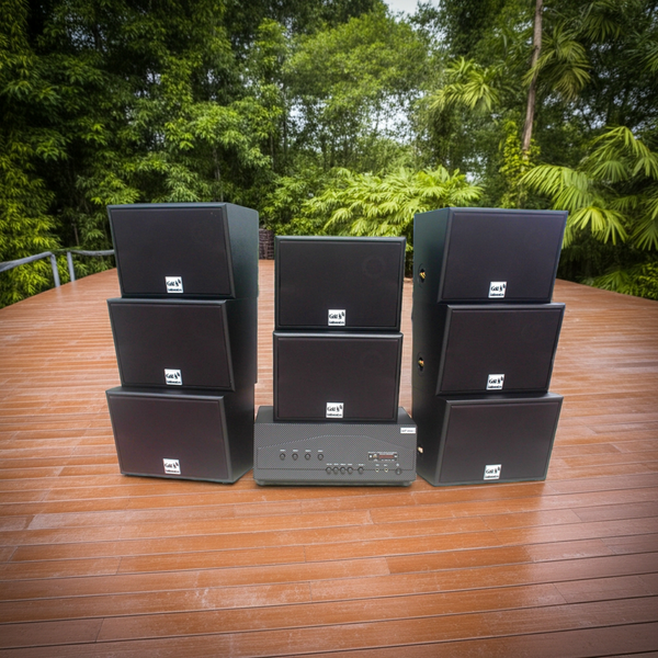 Dàn loa sân vườn: Amply A917 - 4K  + 8 loa V130NT, Amply 4 - 6 vùng âm lượng, loa được thiết kế riêng, bật lớn không tạp âm, miễn phí công lắp đặt, bảo hành dài hạn 5 năm.