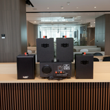 Dàn loa treo tường: Amply A154PU Goldsound 150w + 4 loa Goldsound V24c - 24w, loa được thiết kế riêng cho quán, bật lớn không tạp âm, bảo hành dài hạn 5 năm.