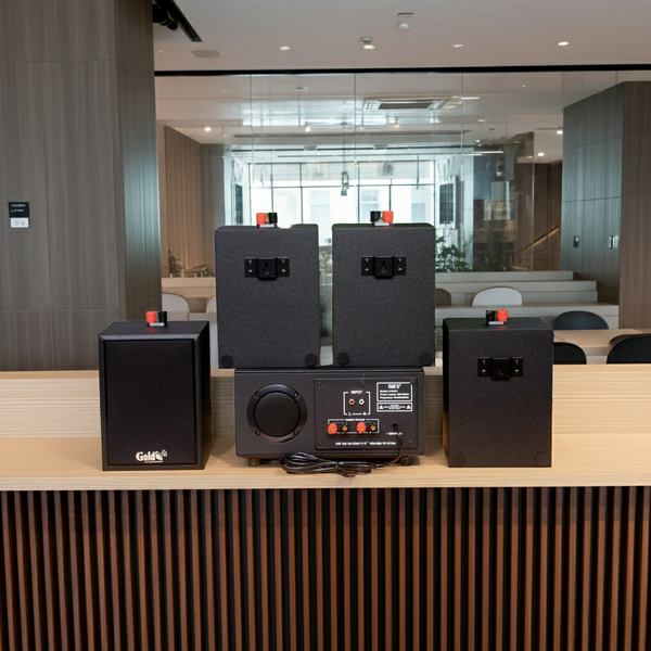 Dàn loa treo tường: Amply A154PU Goldsound 150w + 4 loa Goldsound V24c - 24w, loa được thiết kế riêng cho quán, bật lớn không tạp âm, bảo hành dài hạn 5 năm.