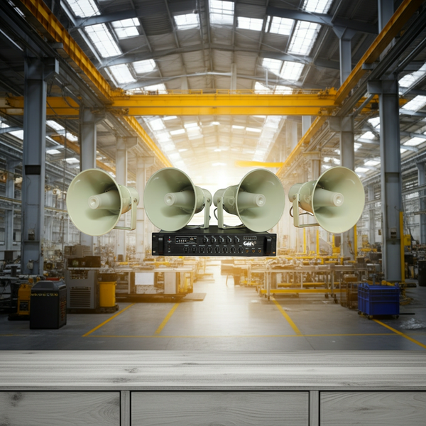 Loa thông báo nhà xưởng: 1 Amply A550F + 04 Ne65w, Amply 5 vùng, loa được thiết kế riêng, bật lớn không tạp âm, miễn phí công lắp đặt, bảo hành dài hạn 12 tháng