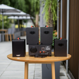 Dàn loa treo tường: Amply A154PU_SG + 4 V24C_SG, loa được thiết kế riêng cho quán, bật lớn không tạp âm, bảo hành dài hạn 5 năm.