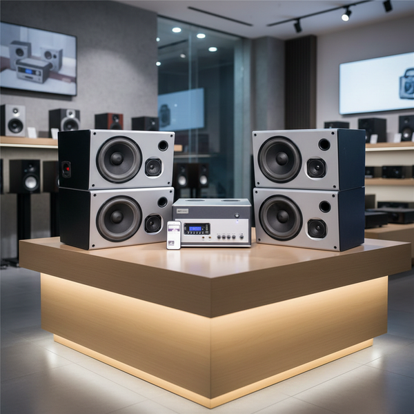 Dàn loa treo tường thông báo, phát nhạc nền tự động: Amply A800 Goldsound 800w + 4 loa Goldsound  V130 130w, loa được thiết kế riêng cho quán, bật lớn không tạp âm, miễn phí công lắp đặt, bảo hành dài hàn 5 năm